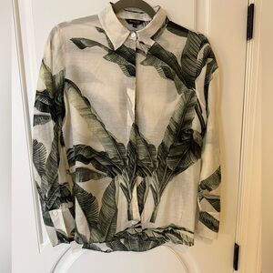 Massimo Dutti Green Palm-Print lightweight Button-Down Shirt